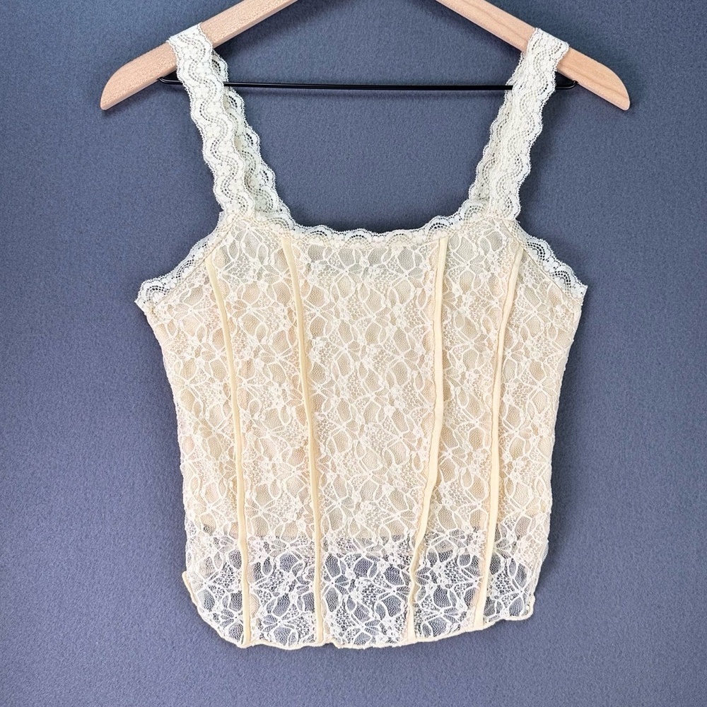 Romantic Lace Tank‎ Top Cream Nude Lined Cami Blouse Feminine Chic Size Med - Picture 3 of 12